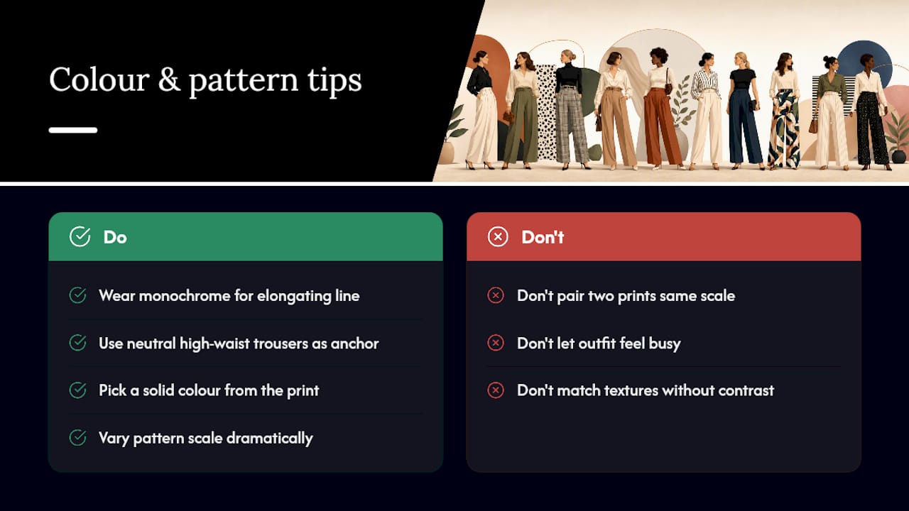 Colour coordination and pattern mixing with high waisted trousers — overview diagram