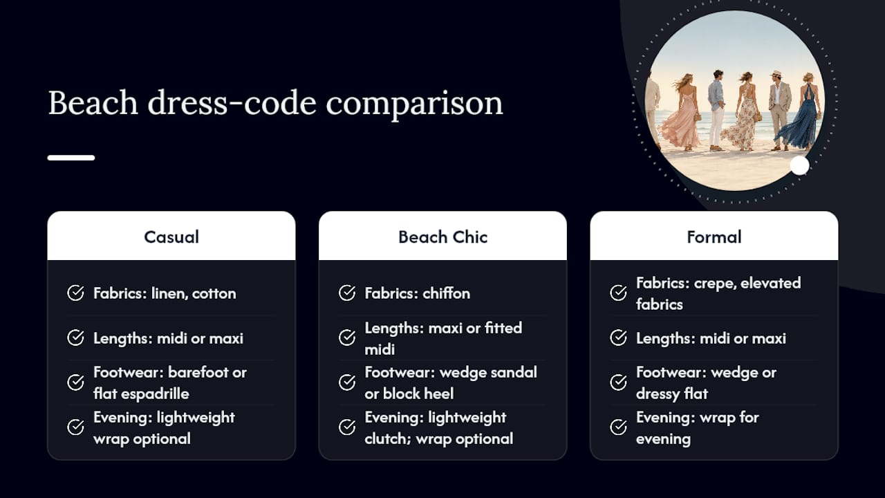 Three beach wedding dress code tiers