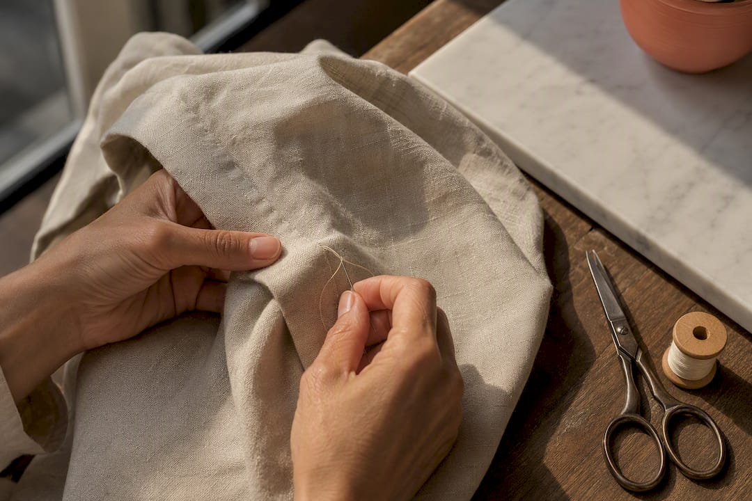 Hands repairing a loose garment hem