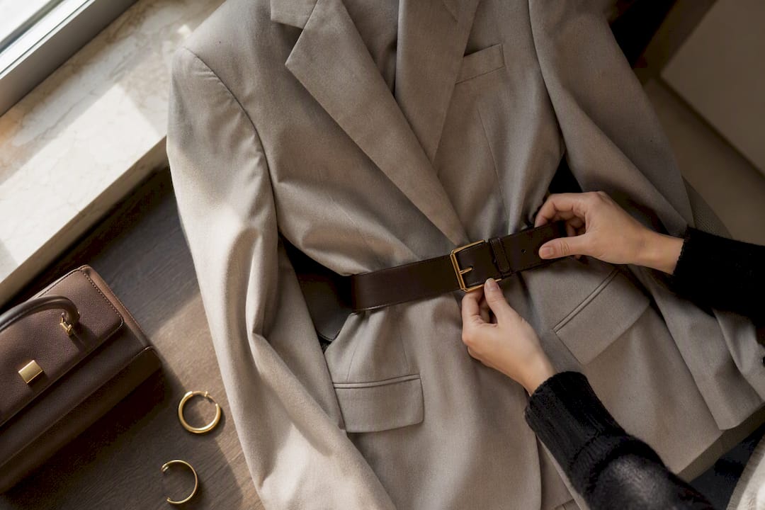 Wide belt defining oversized blazer waist