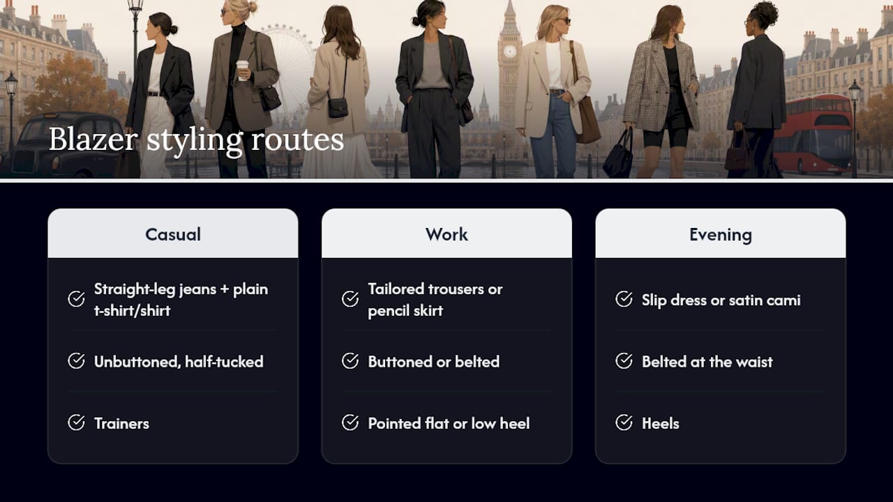 Three occasion-based blazer styling routes