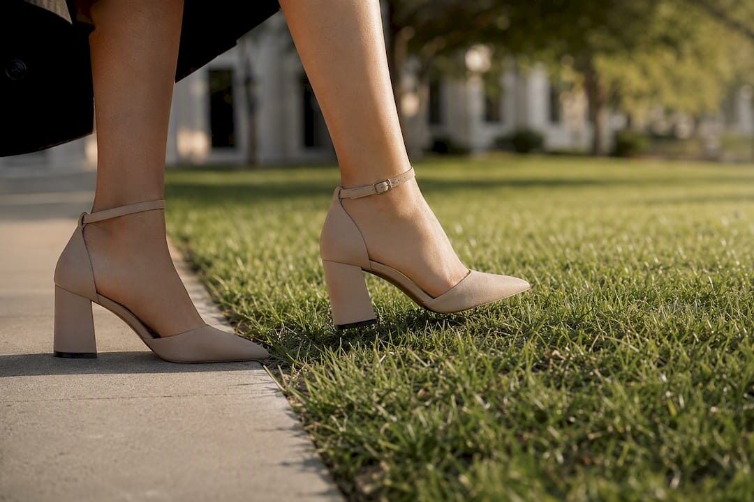 Graduate testing shoes on uneven campus grass