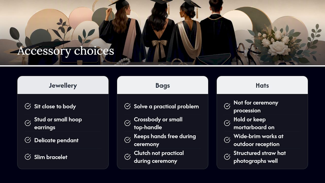 Considerations for accessorising graduation outfits beyond the cap — overview diagram