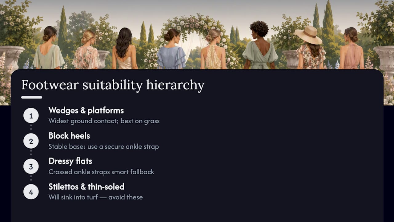 Footwear hierarchy for garden wedding paths