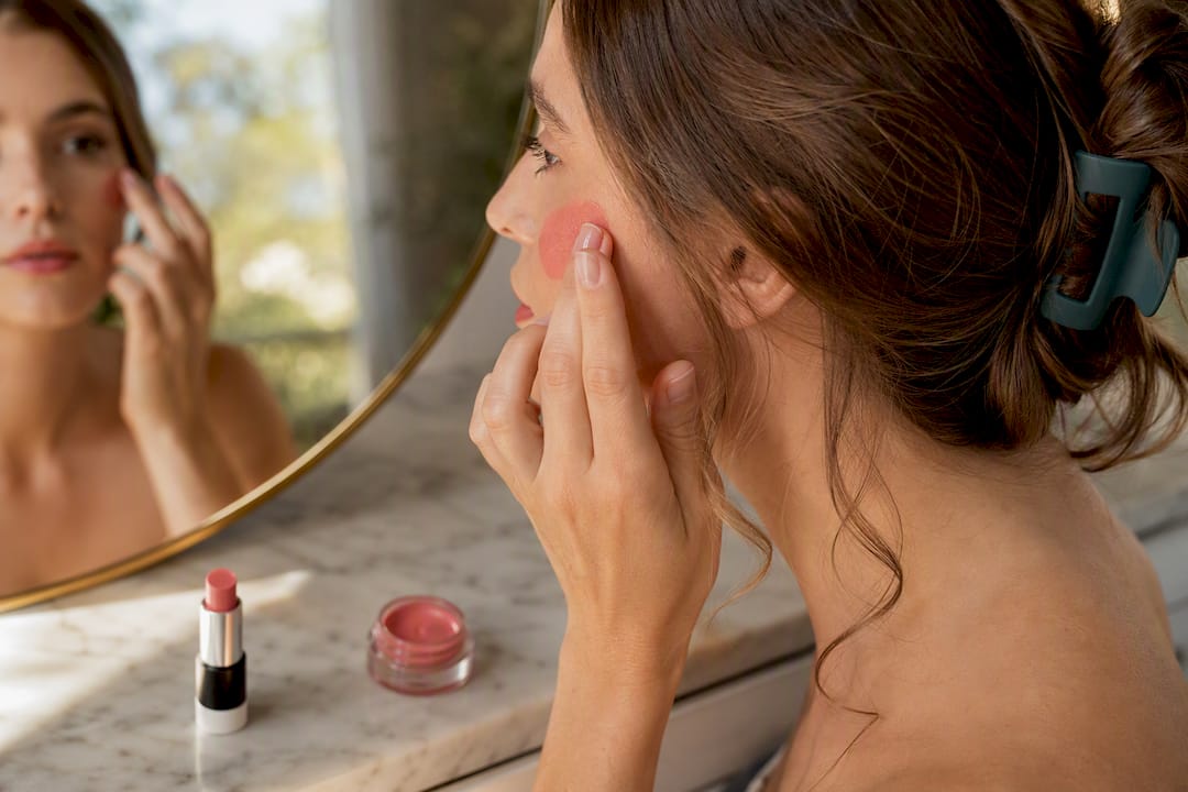Guest applying cream blusher for wedding