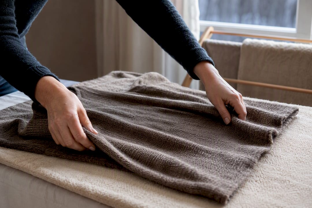 Hands reshaping wool dress while drying flat