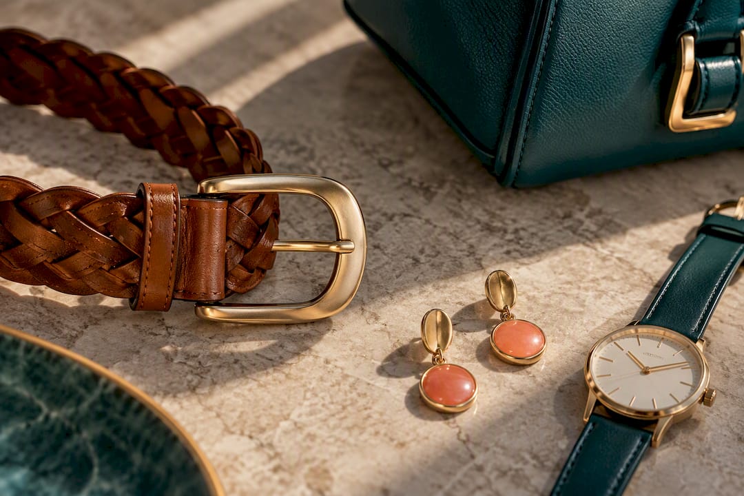 Belt buckle with coordinated jewellery and bag hardware