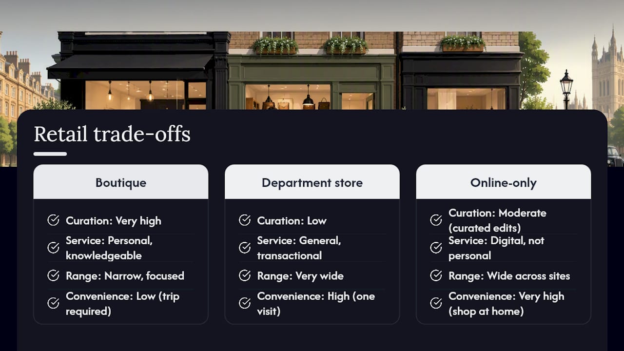 Comparison of boutique department store and online shopping