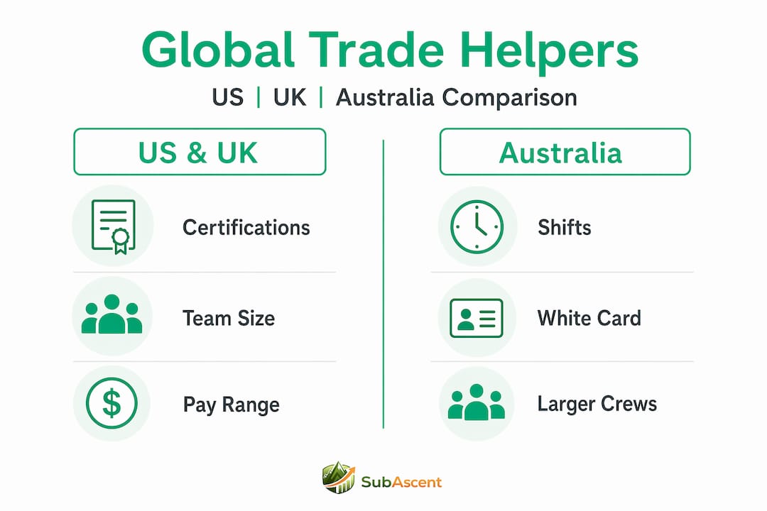 Infographic comparing trade helper roles by country