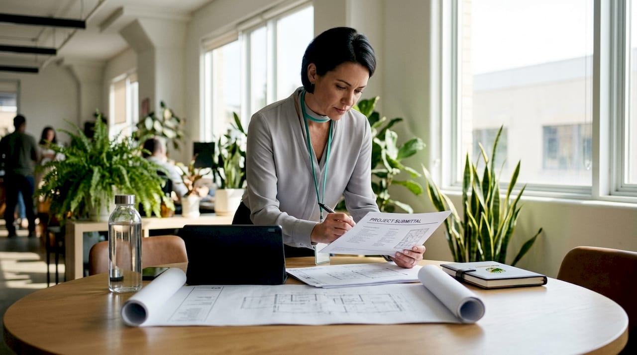 Project manager reviewing submittal package in office
