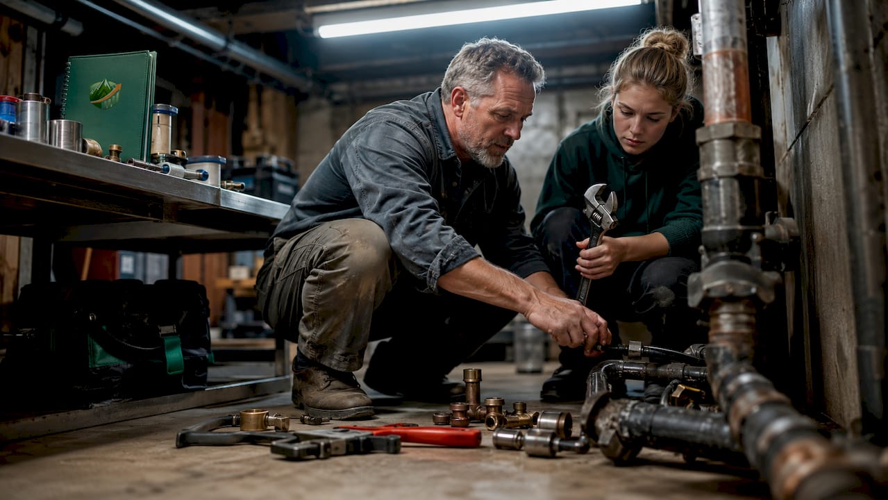 Plumber instructing apprentice on pipes