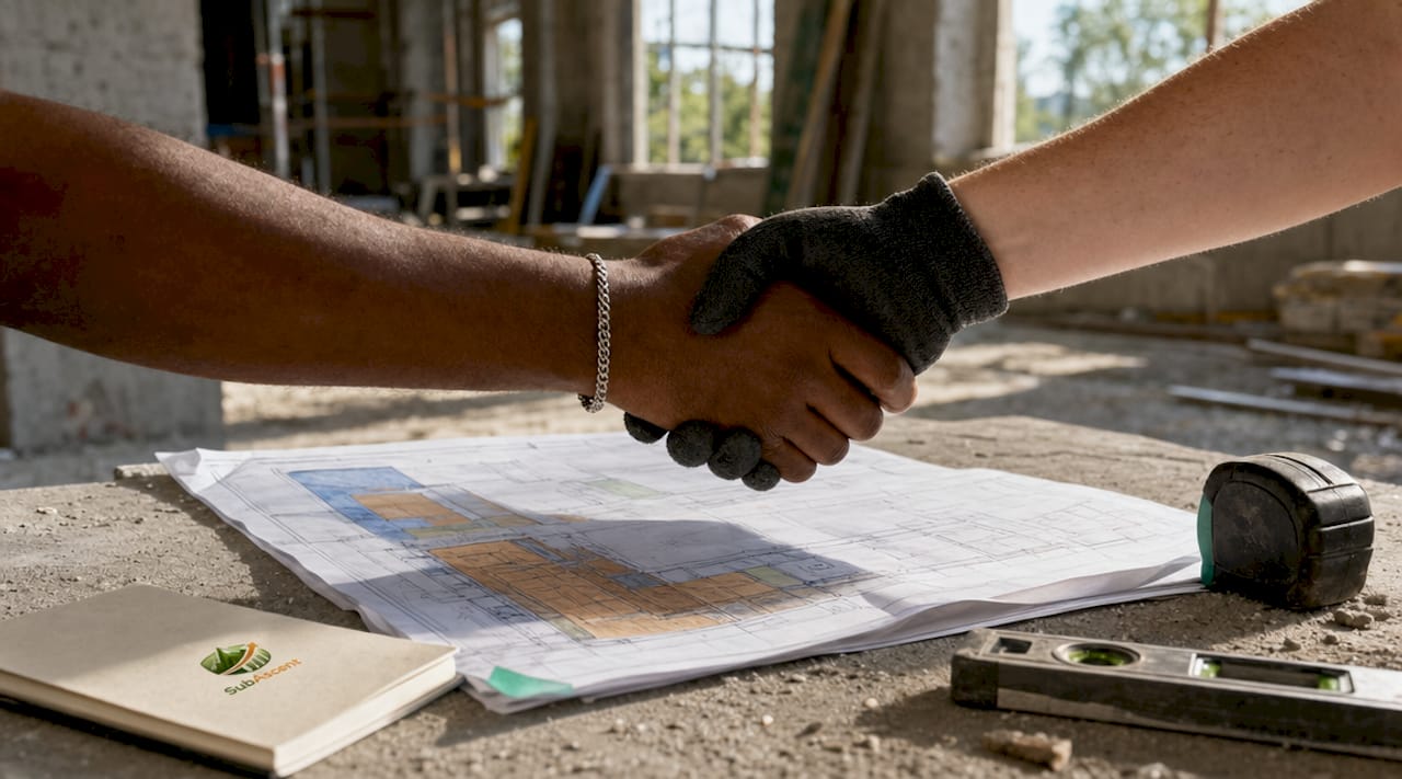 Close-up handshake over subcontract documents on workbench