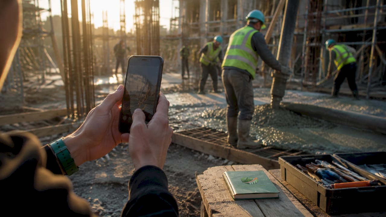 Hands capturing foundation photo with scale