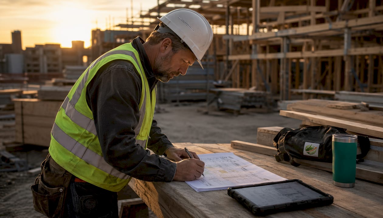 Foreman filling communication matrix on construction site