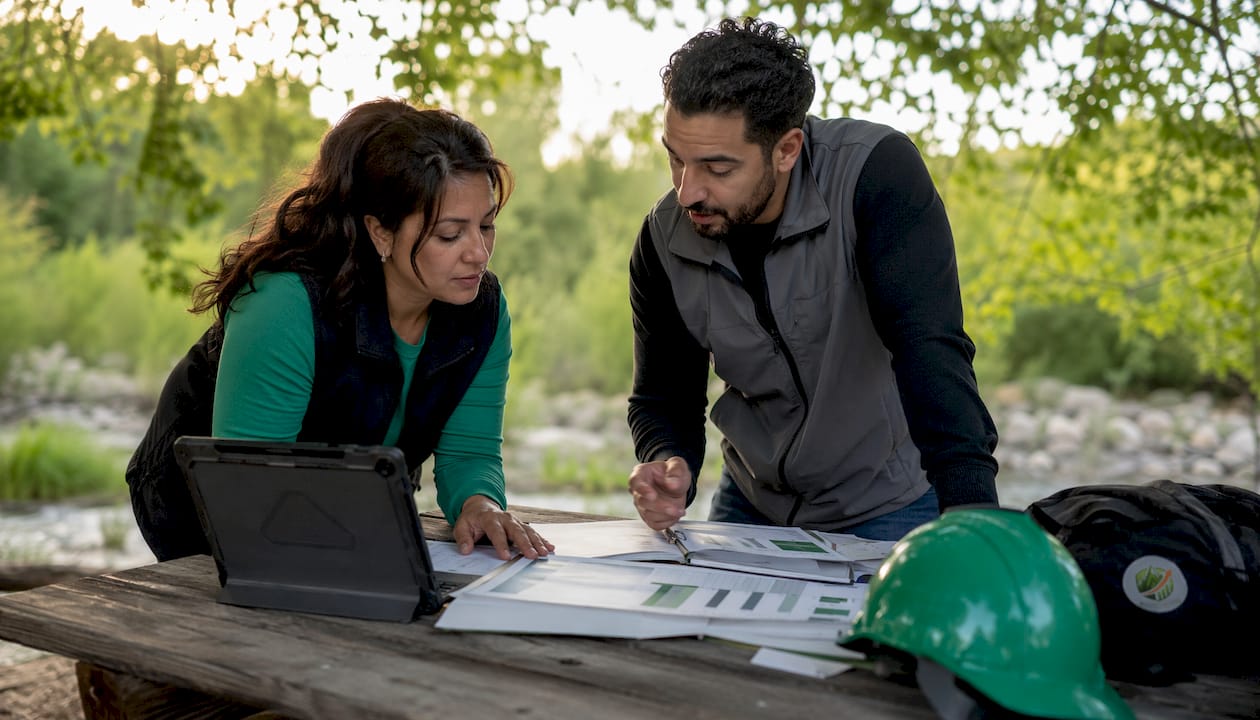 Project managers discussing job metrics