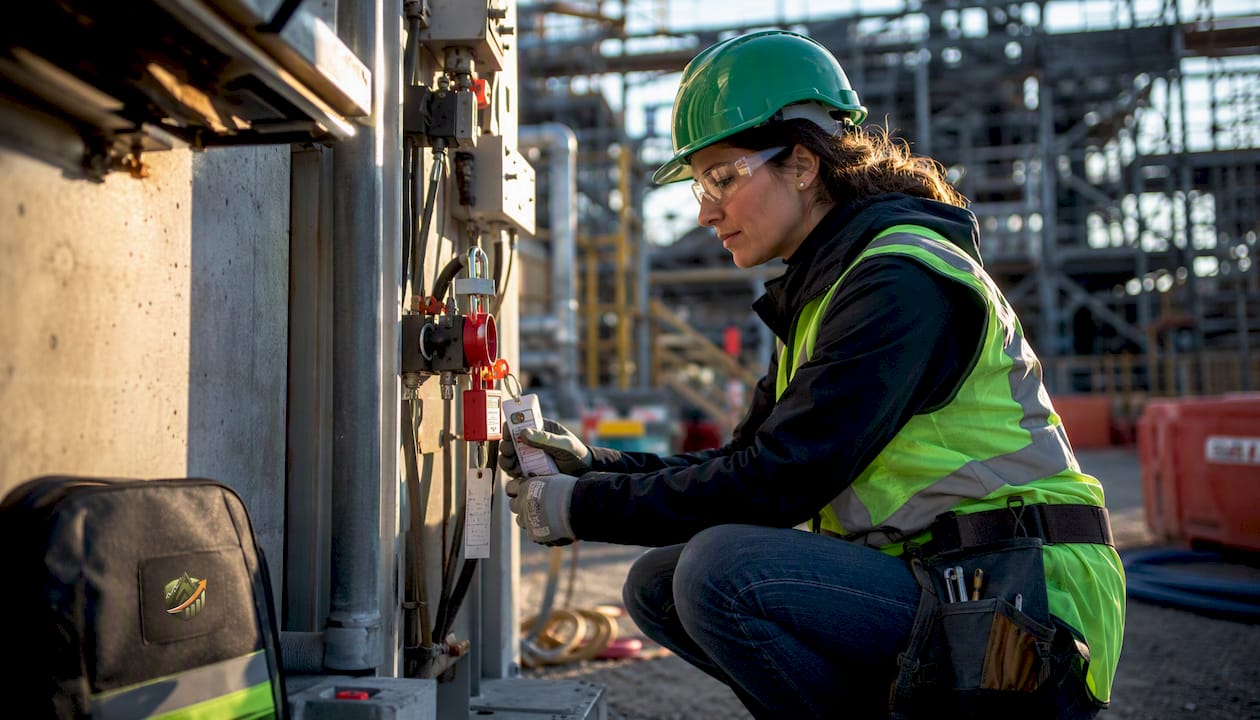 Female foreman inspecting lockout/tagout devices