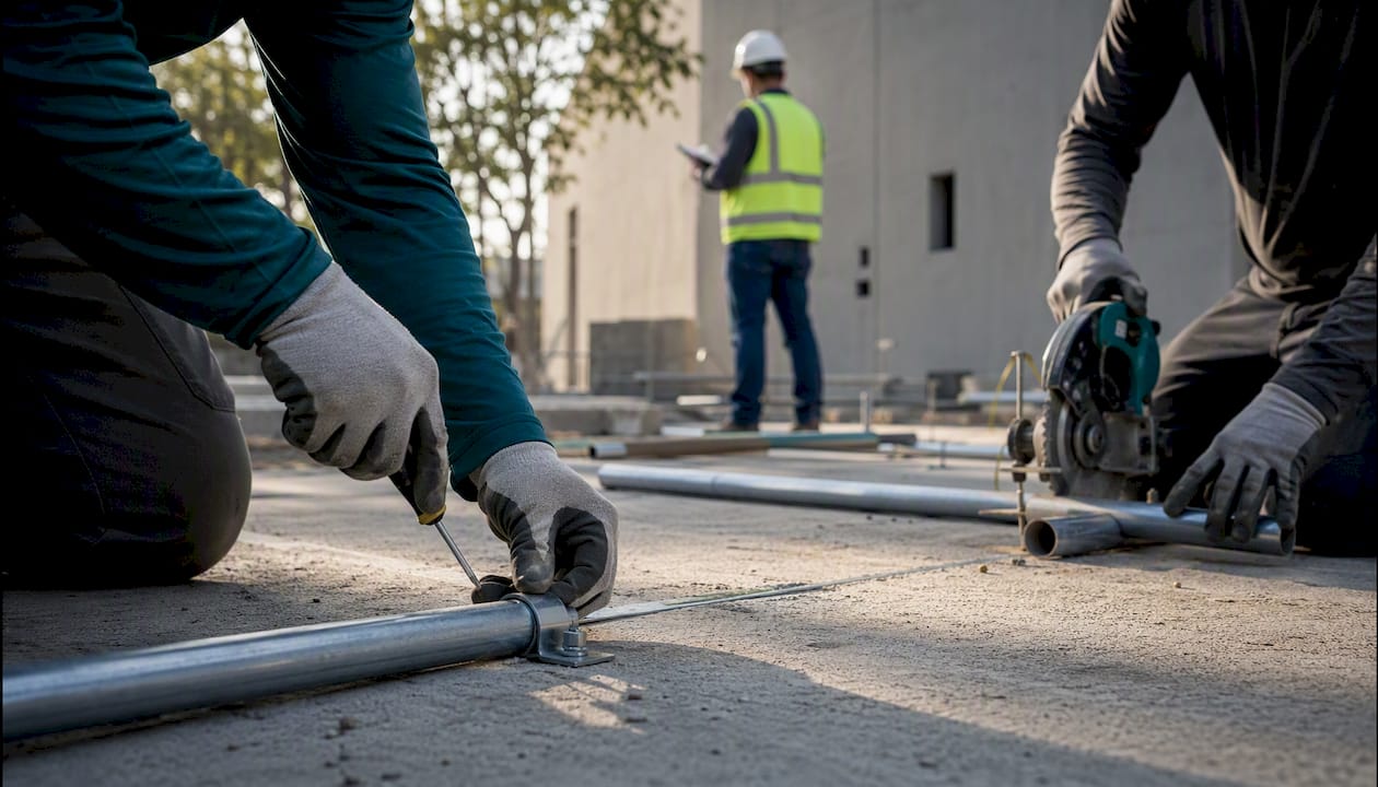 Foreman timing crew installing conduit runs