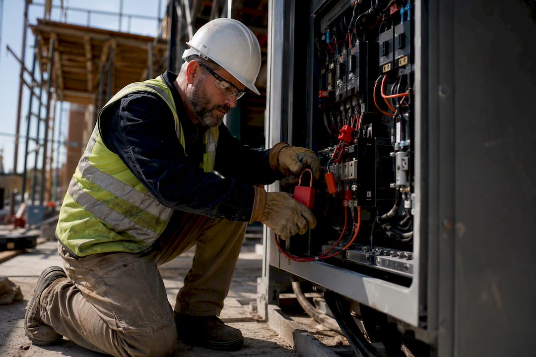 Hands performing lockout tagout on electrical panel