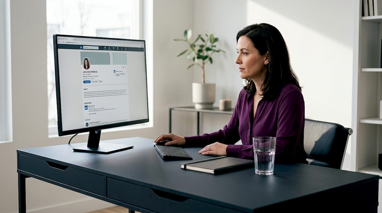 Professional reading LinkedIn on large desktop monitor