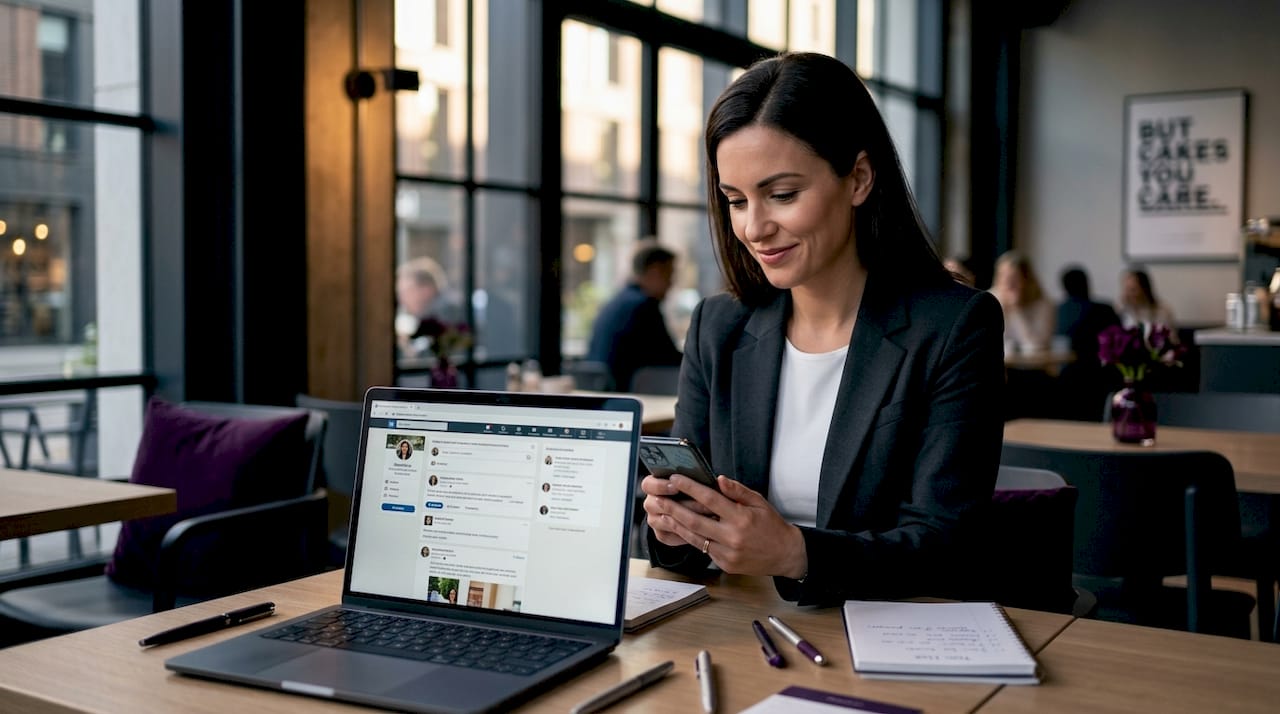 Man reacts to LinkedIn post at workspace