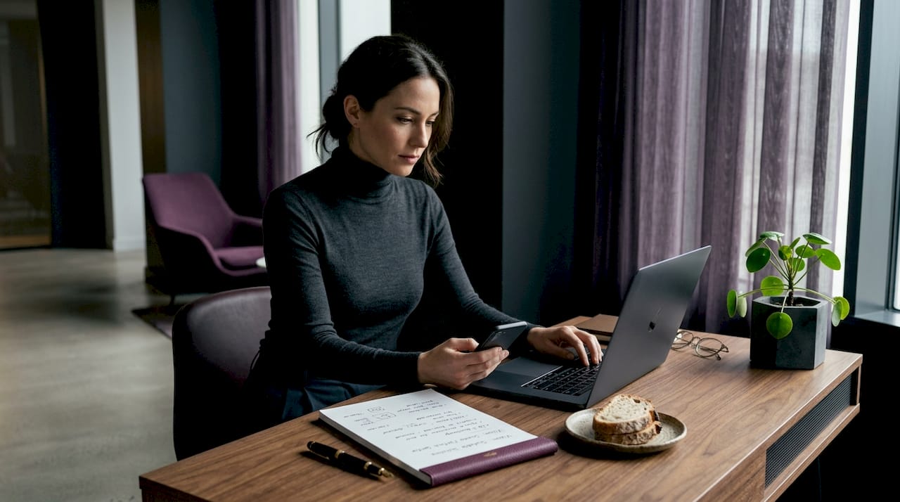 Startup founder working at kitchen table with laptop