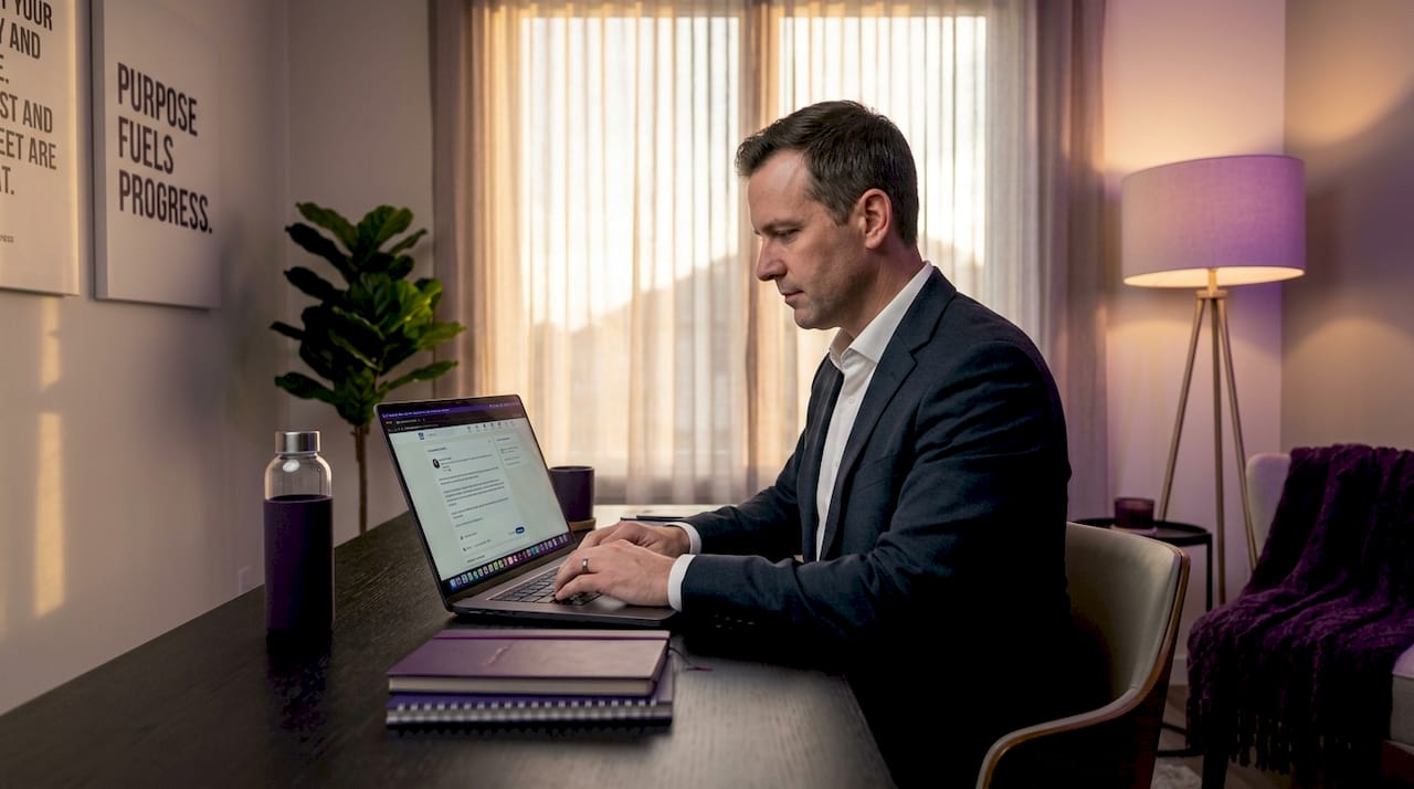 Founder writing LinkedIn post at coworking desk