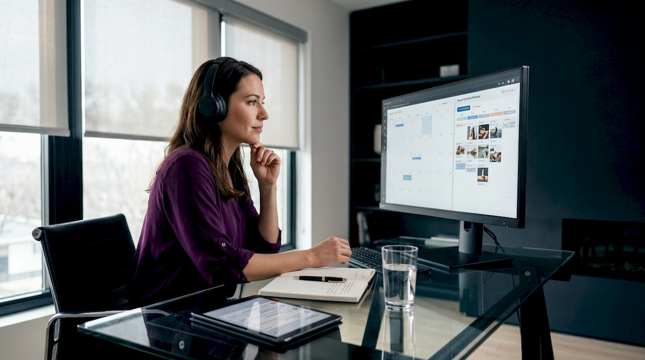 Woman compares scheduling tools in shared office