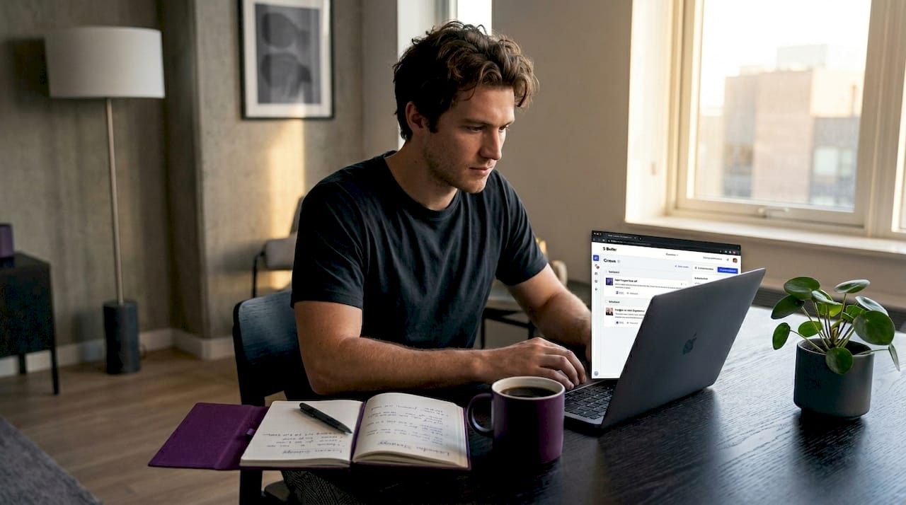 Man schedules posts with Buffer at kitchen table