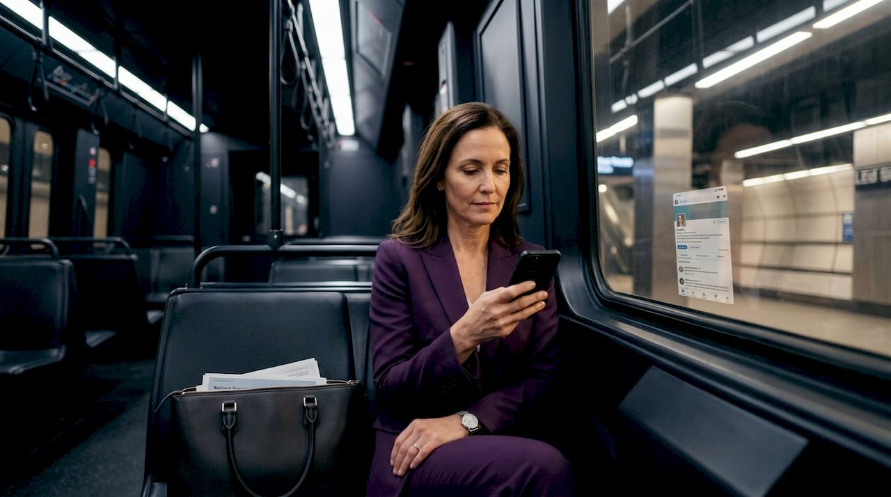 Executive using LinkedIn on subway commute