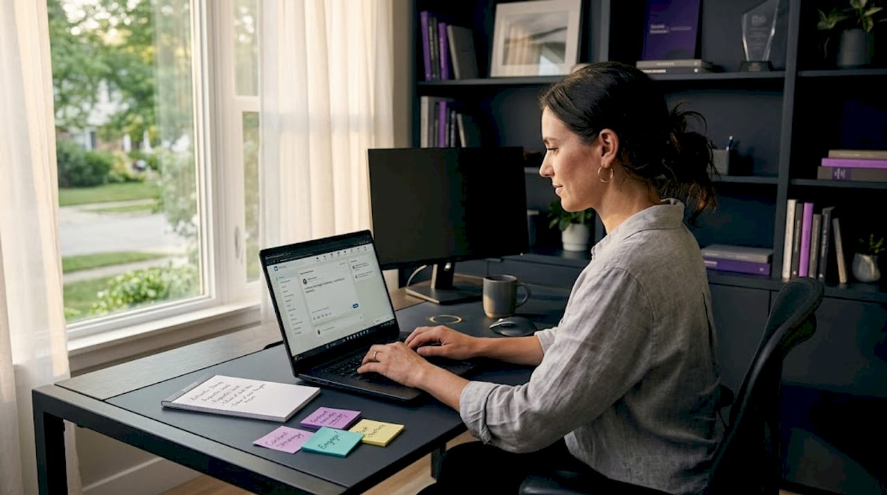 Woman outlining LinkedIn pillars at home desk