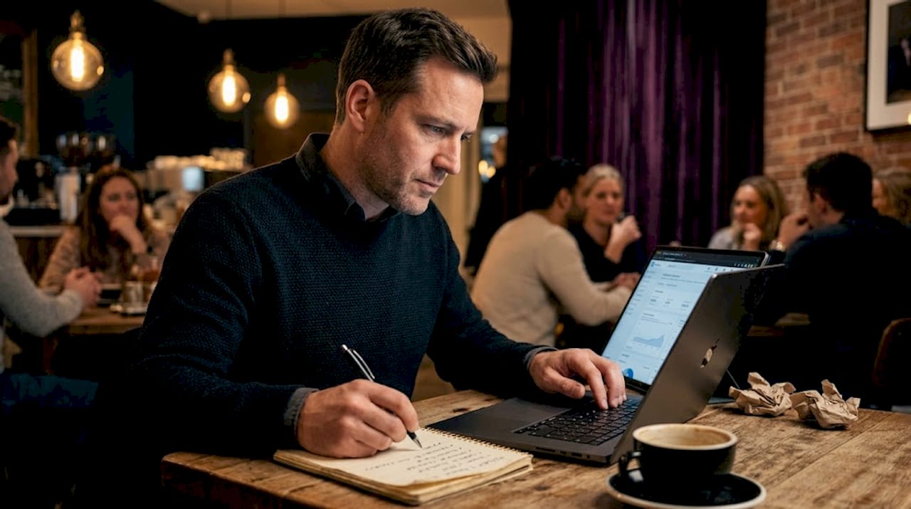 Man developing LinkedIn themes in café