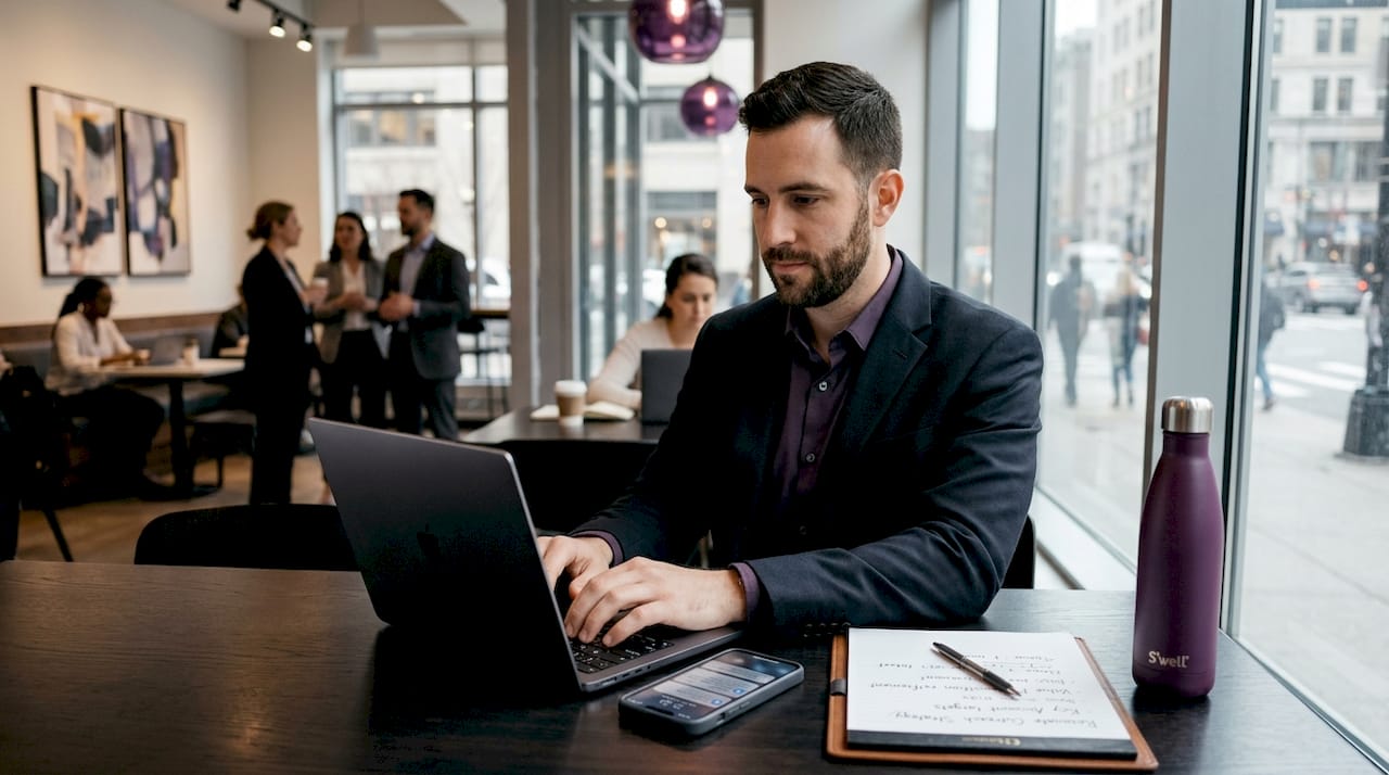 Entrepreneur using LinkedIn at coworking desk