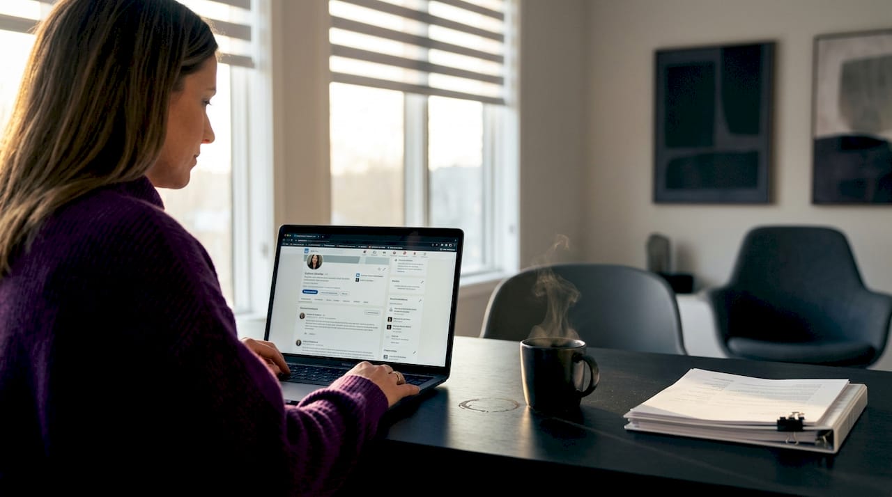 Woman reviews LinkedIn trust signals at home