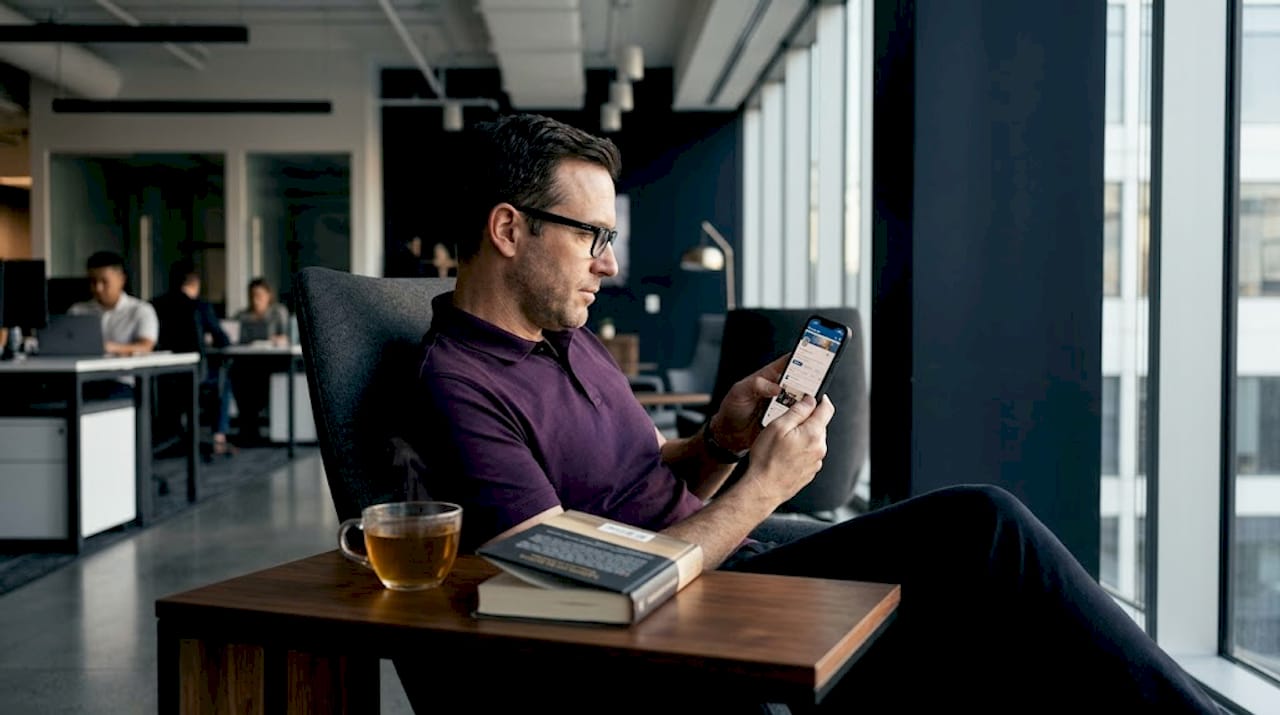 Man scrolling LinkedIn posts in armchair