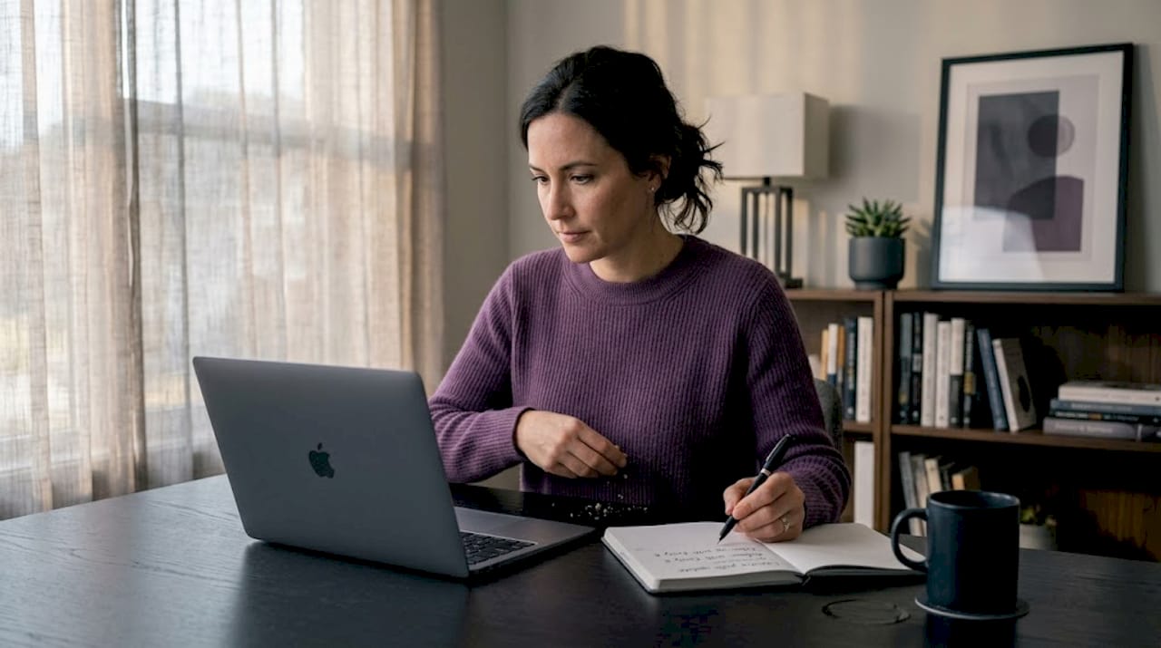 Woman using LinkedIn at casual dining table