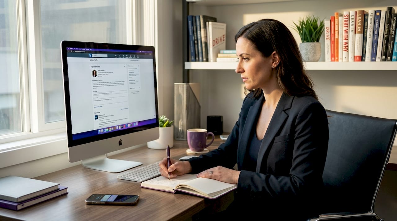 Woman working at LinkedIn in home office workspace