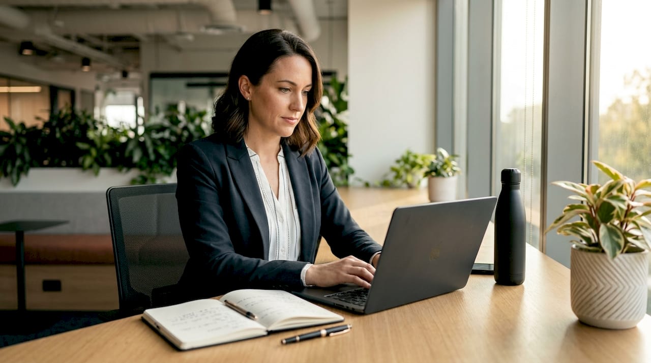 Professional checks LinkedIn analytics at shared workspace
