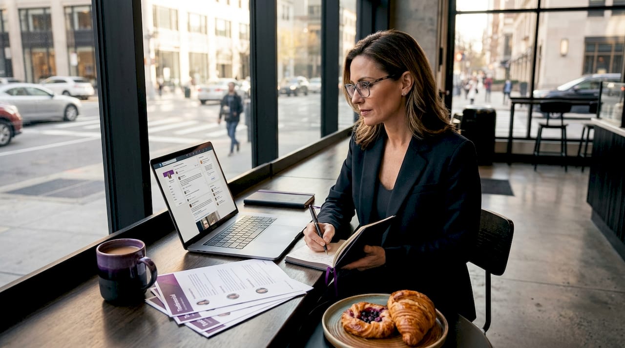 Manager reviewing LinkedIn testimonials in office
