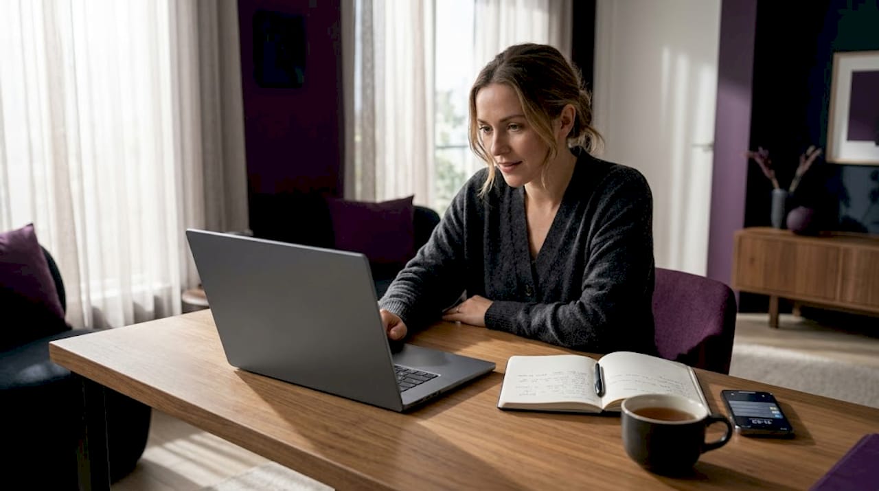 Professional reviewing LinkedIn posts in a home workspace