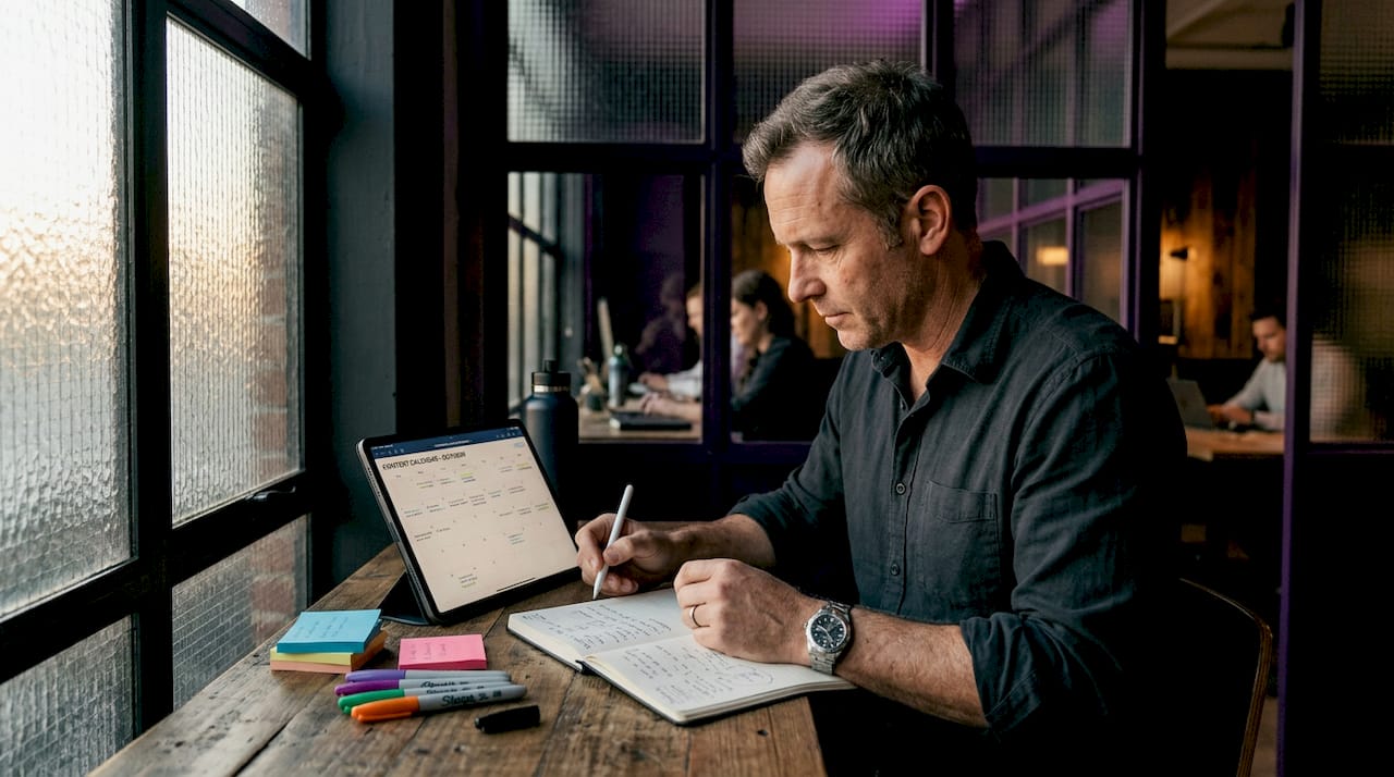 Man updating LinkedIn content calendar at coworking table
