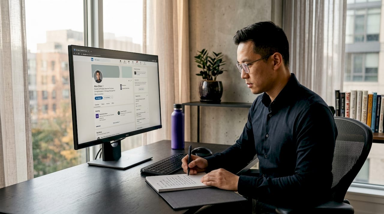 Professional reviewing LinkedIn profile at desk