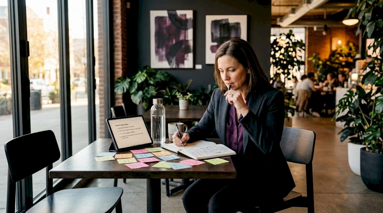Woman drafting LinkedIn hook in coworking space