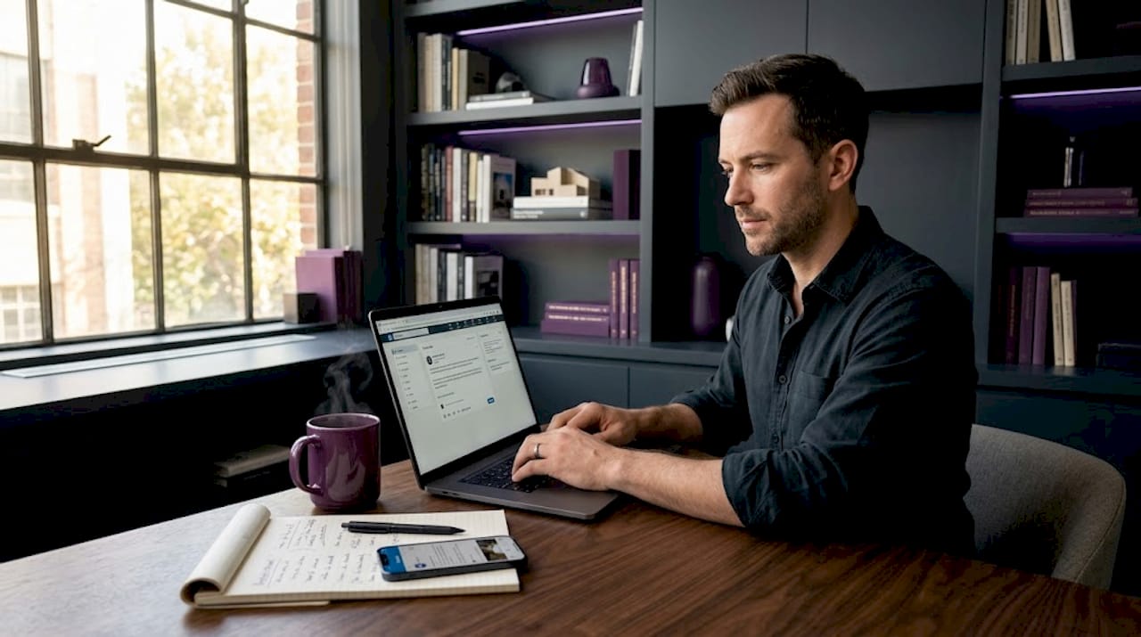 Professional writing LinkedIn post at home office desk