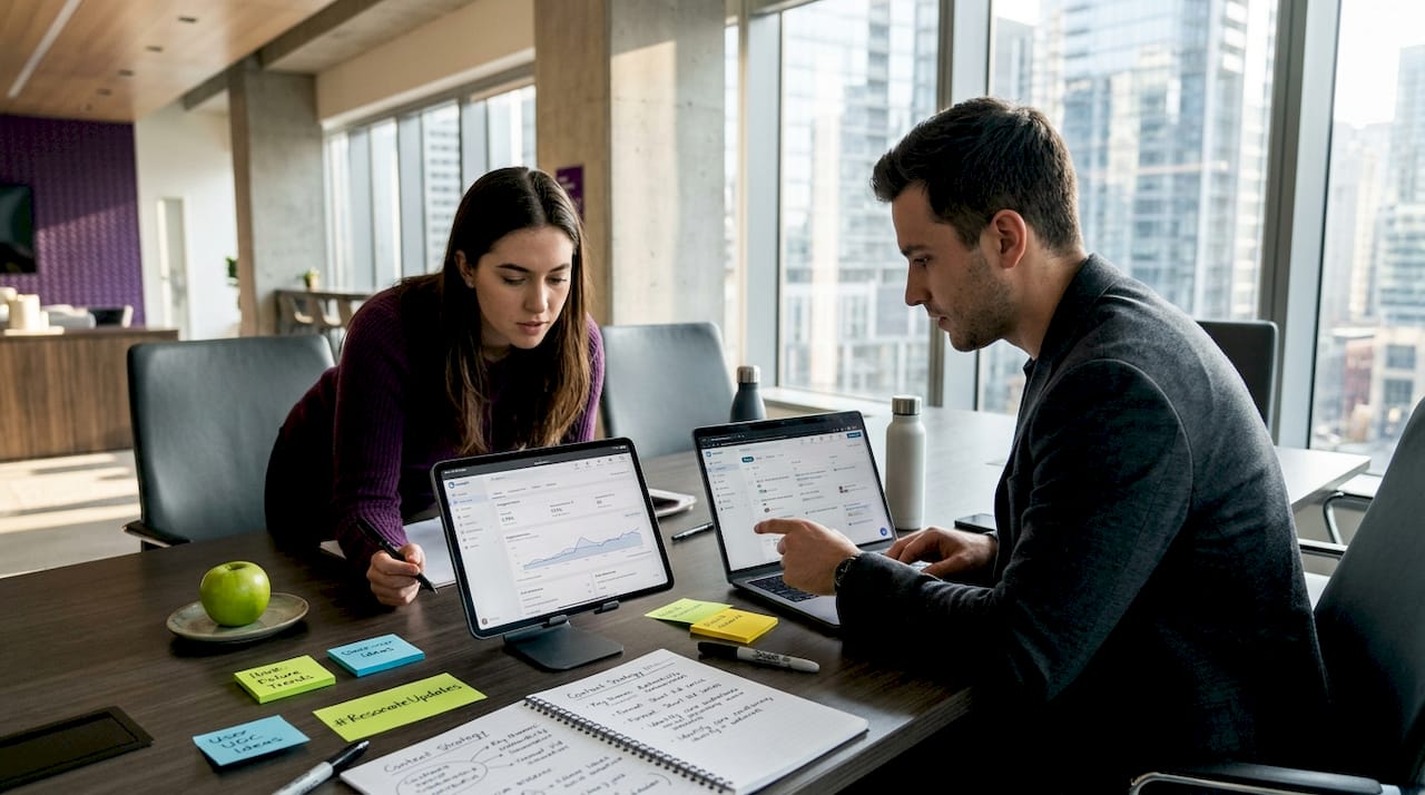 Startup team collaborating on LinkedIn strategy