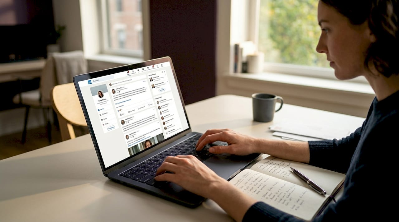 Freelancer using LinkedIn at kitchen table workspace