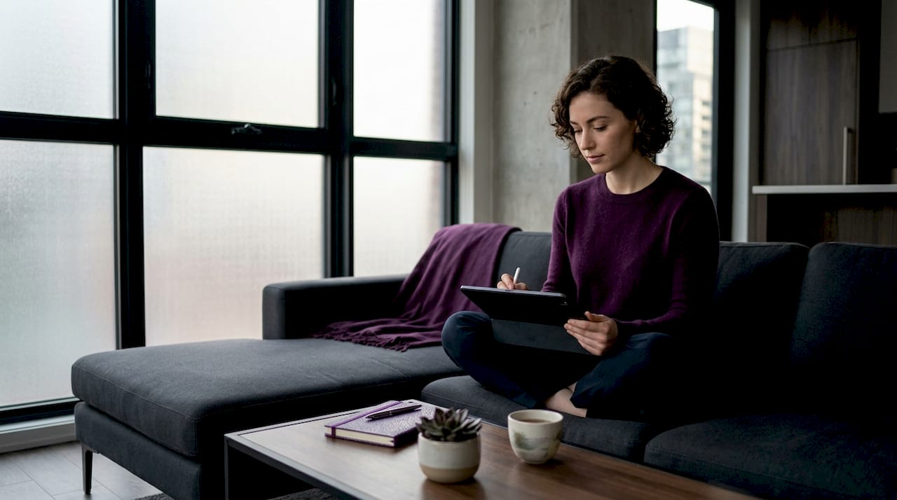Woman editing LinkedIn profile on tablet in living room