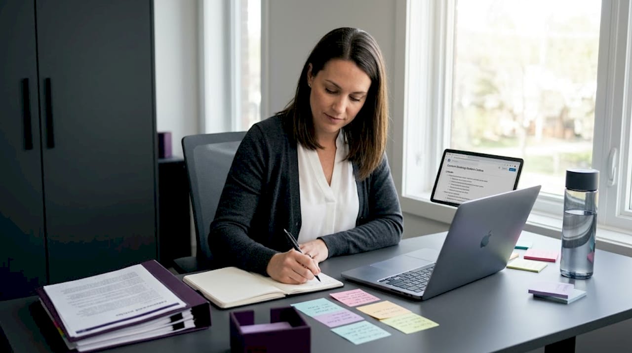 Woman writing LinkedIn content hooks at desk