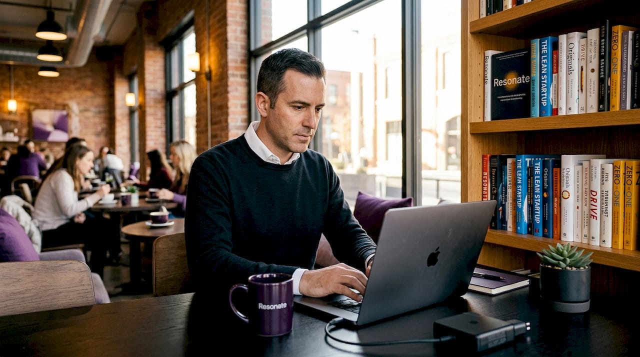 Man drafting LinkedIn post in office