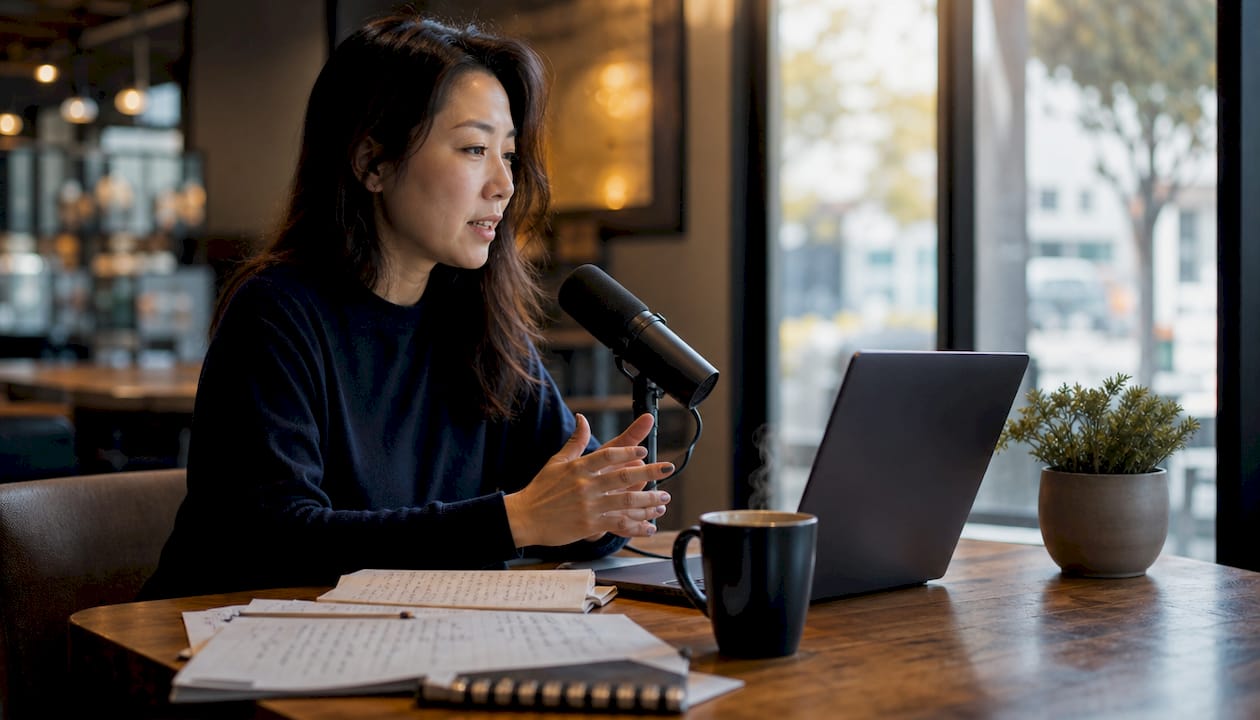 Woman using LinkedIn ghostwriter AI at home office
