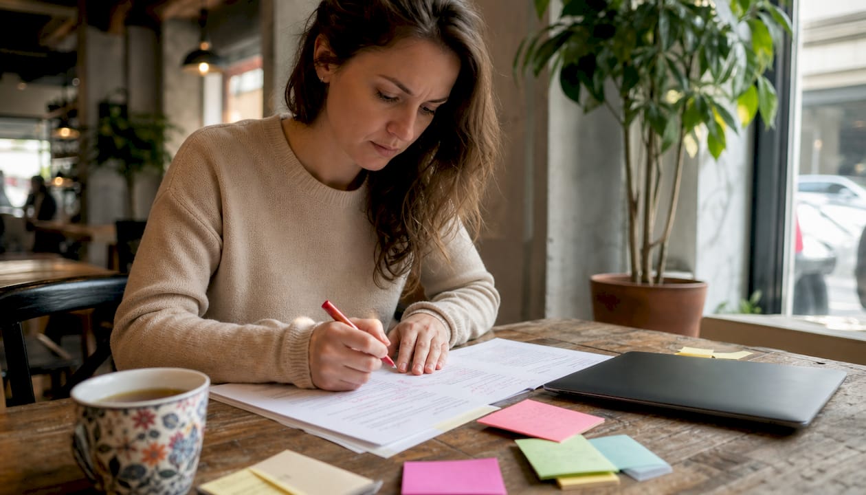 Woman reviewing printed content with notes